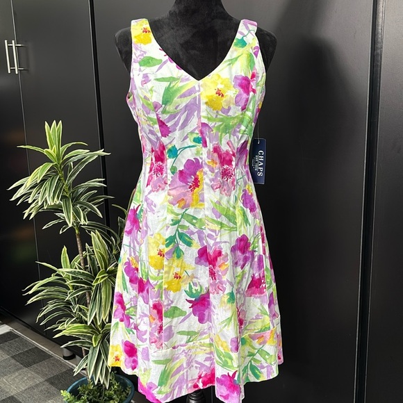 Chaps sleeveless A-line,flair,V-neck,zipper back midi dress, pastel florals - Picture 1 of 12